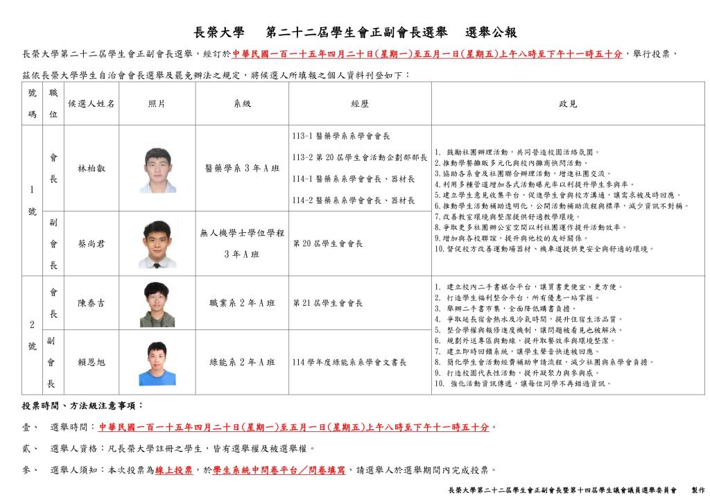長榮大學第二十二屆學生會正副會長選舉 選舉公報