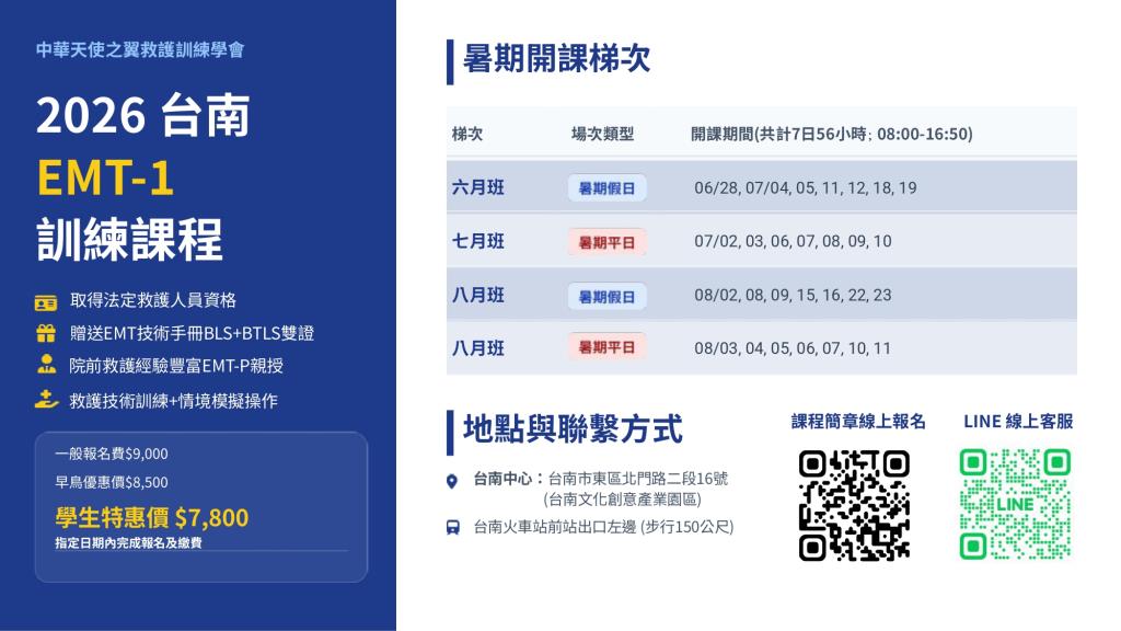 暑期初級救護技術員（EMT-1）訓練班」招生簡章