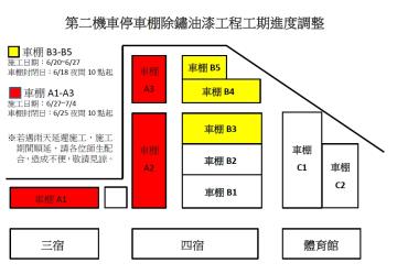 第二機車停車棚除鏽油漆工程封閉時間延後, 請配合施工作業，不便之處，敬請見諒！