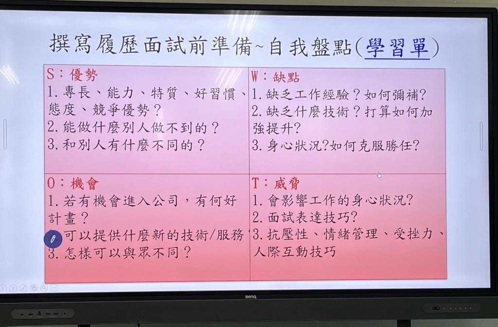 諮商心理師張雅萍老師請學生分析自我SWOT