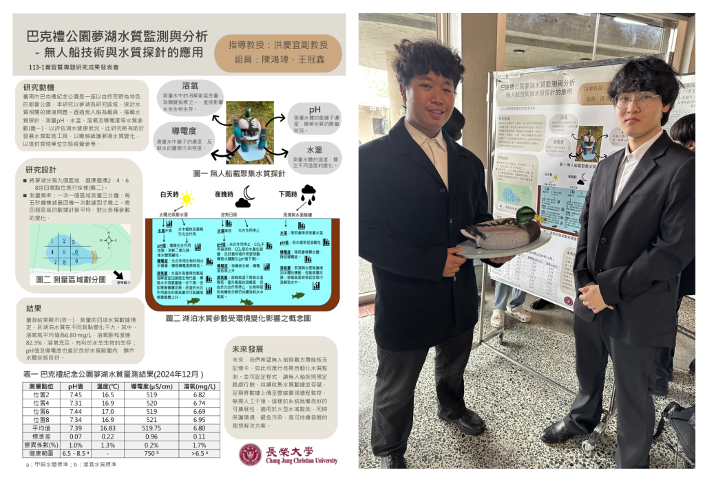 綠能系實習生- 陳鴻瑋及王冠鑫同學 (巴克禮公園夢湖水質監測與分析-無人船技術與水質探針的應用)發表
