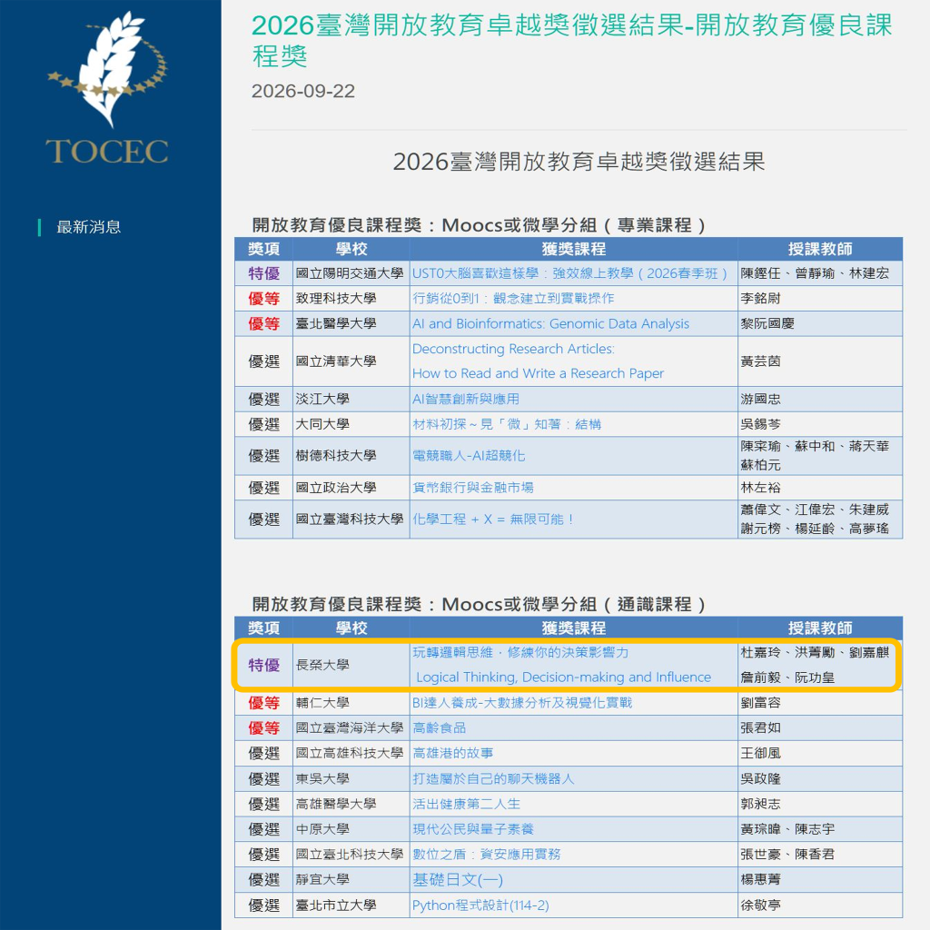 賀！長榮大學MOOCs全英課程「玩轉邏輯思維，修練你的決策影響力！」榮獲「2026臺灣開放教育優良課程MOOCs組或微學分組(通識課程類)」【特優獎】！