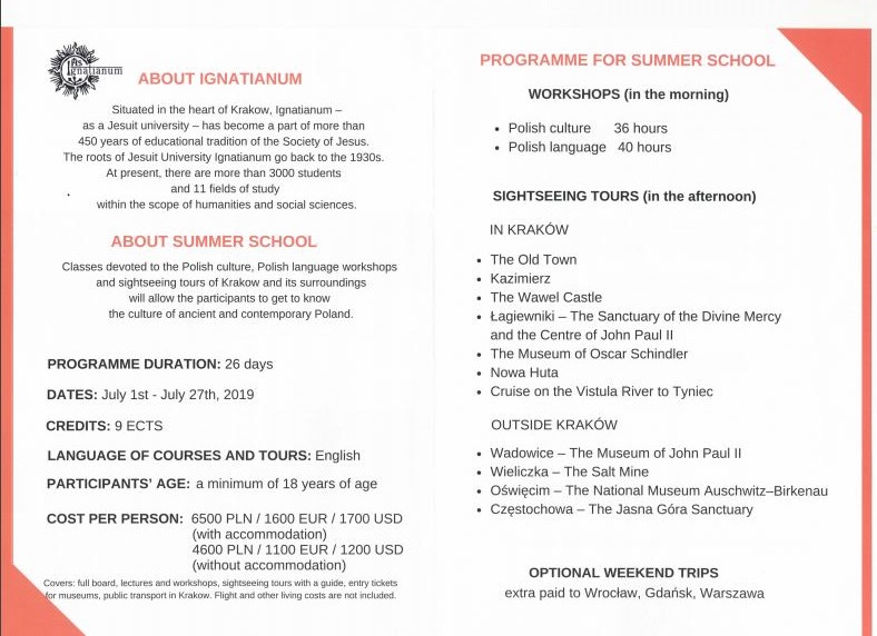 【轉知】波蘭Jesuit University-2019夏日學校活動