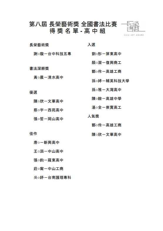 高中組得獎名單