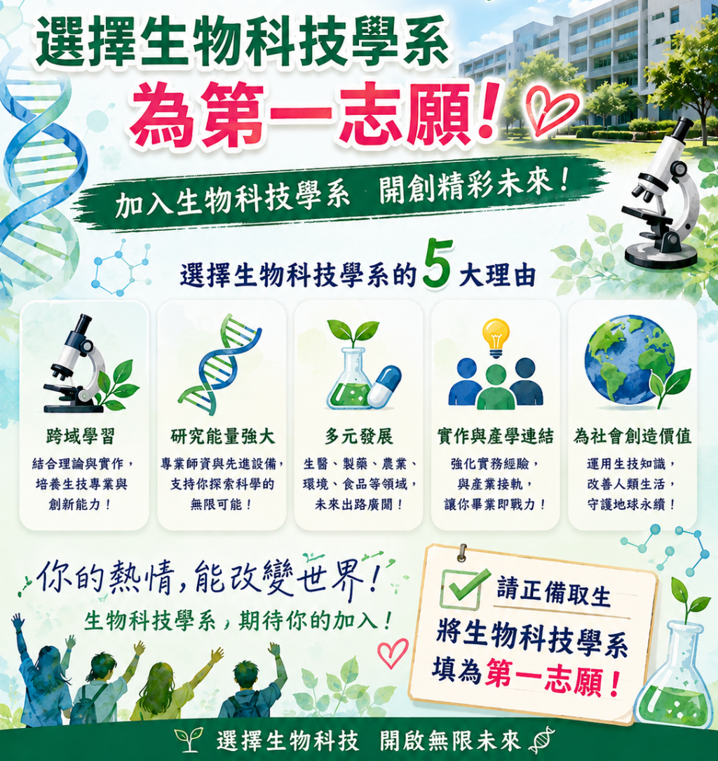 加入生物科技學系  開創精彩未來