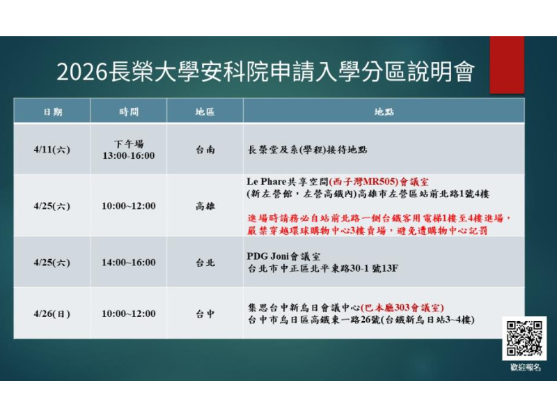 2026長榮大學安科院申請入學分區座談會